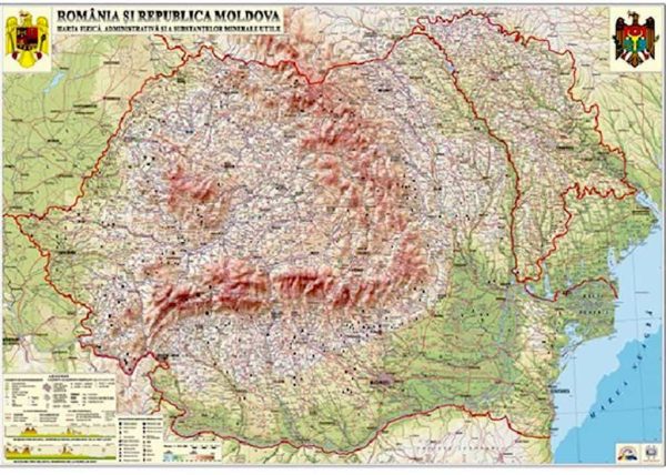 Romania si Republica Moldova. Harta fizica, administrativa si a substantelor minerale utile 3