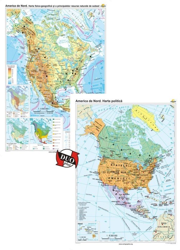 America de nord. Harta fizico-geografica si a principalelor resurse naturale de subsol si America de nord. Harta politica 3